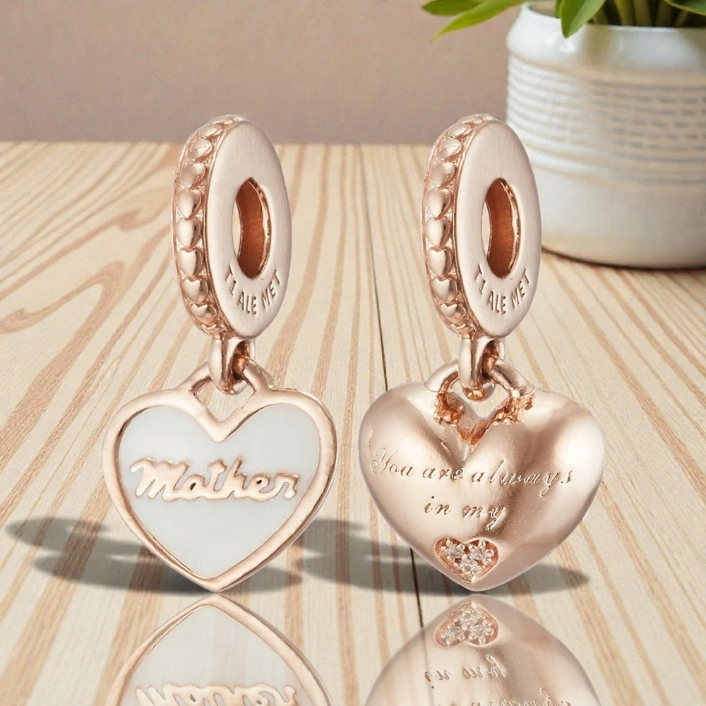 PANDORA 14K Rose Gold-Plated "MOTHER" Dangle Charm With Enamel & CZ Retired